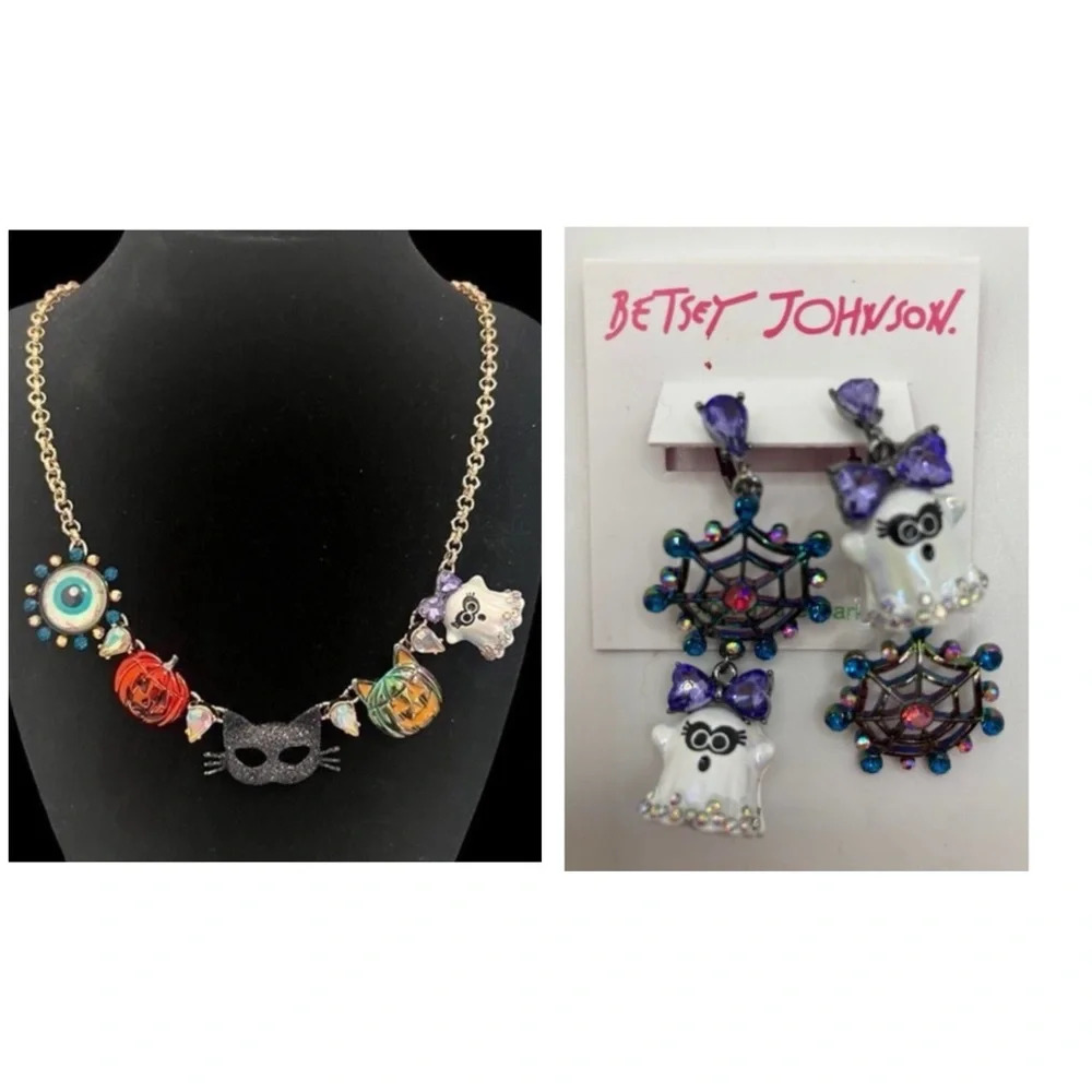 BETSEY JOHNSON SET Halloween Charm Necklace & Matching Ghost Earrings NEW NWT